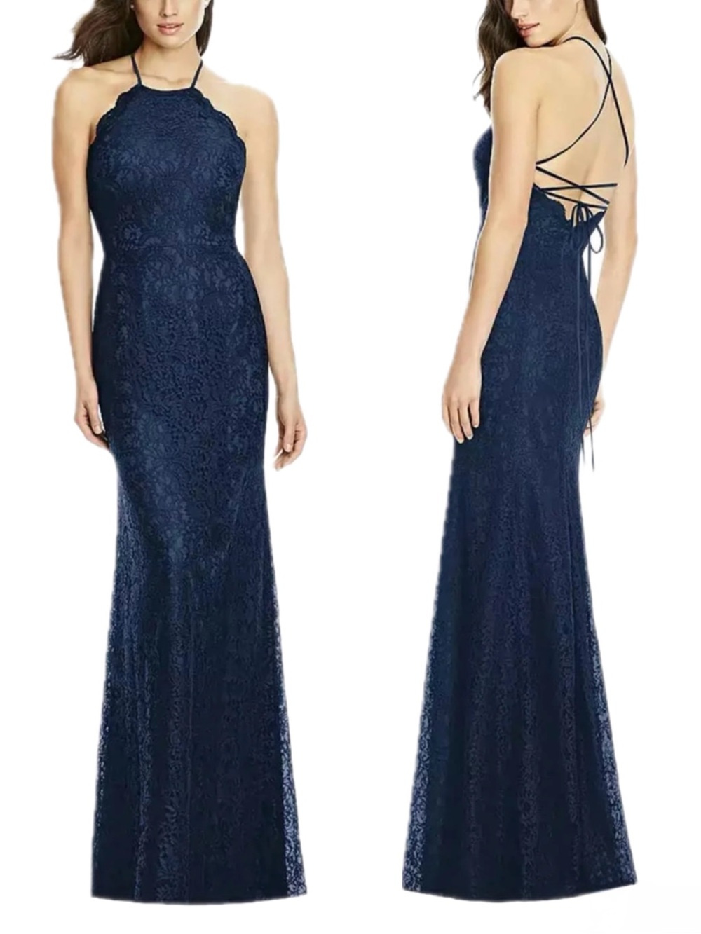 Dessy Collection Women’s Halter Open-Back Lace Trumpet Gown Blue Size‎ 12